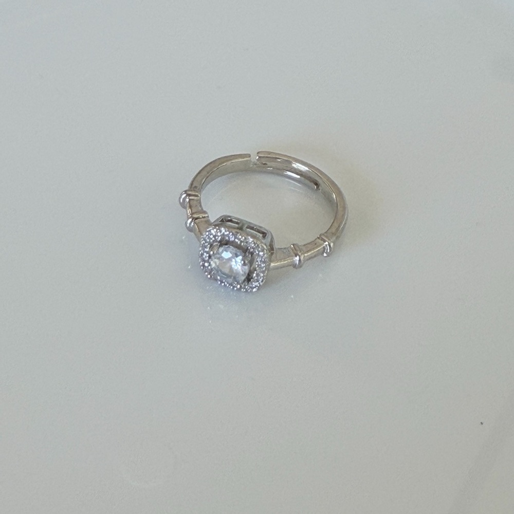 Stainless Steel Halo Cushion-Cut Cubic Zirconia Ring - Adjustable - Picture 2 of 6